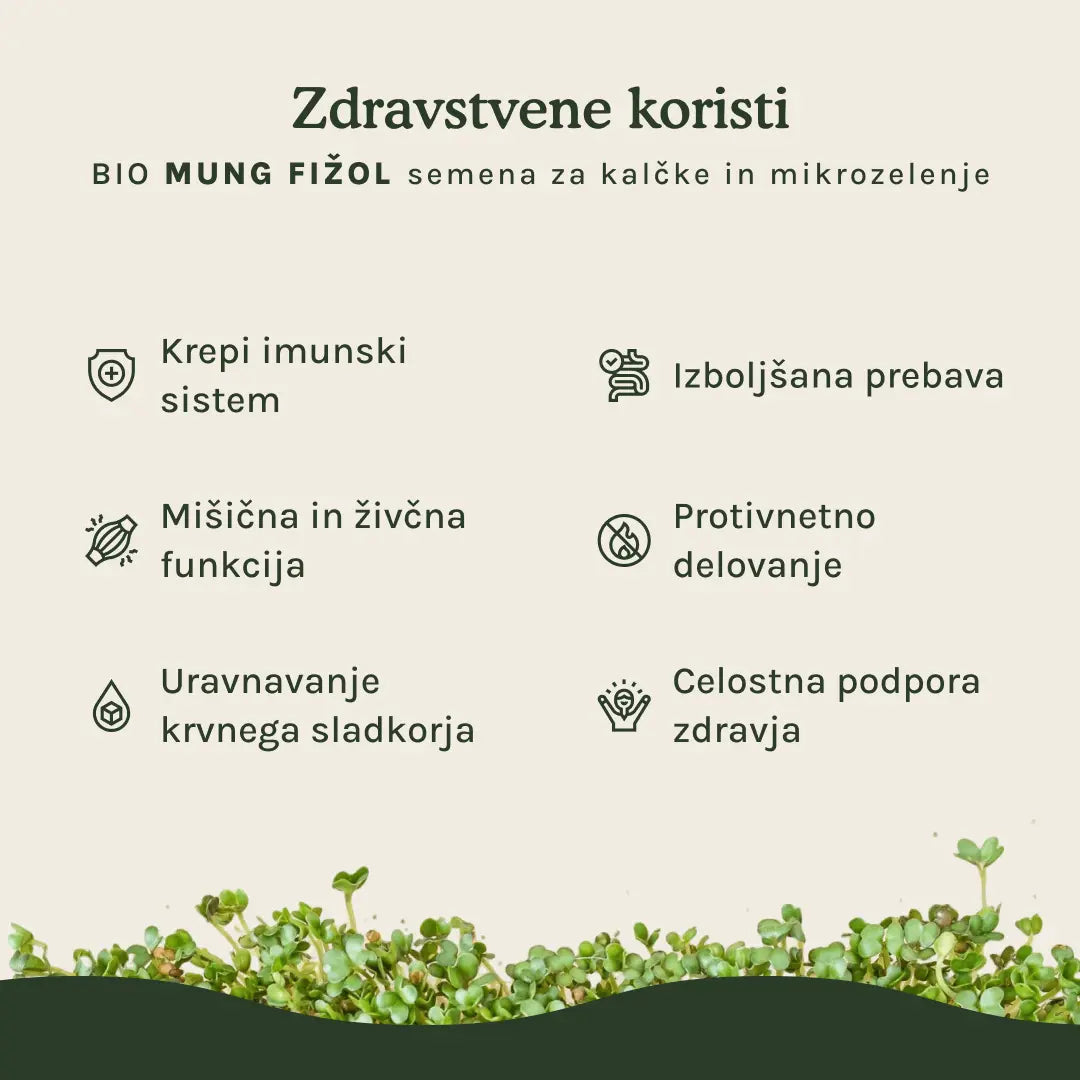 Mung fižol semena za kalčke in mikrozelenje - BIO (100g) steklen
